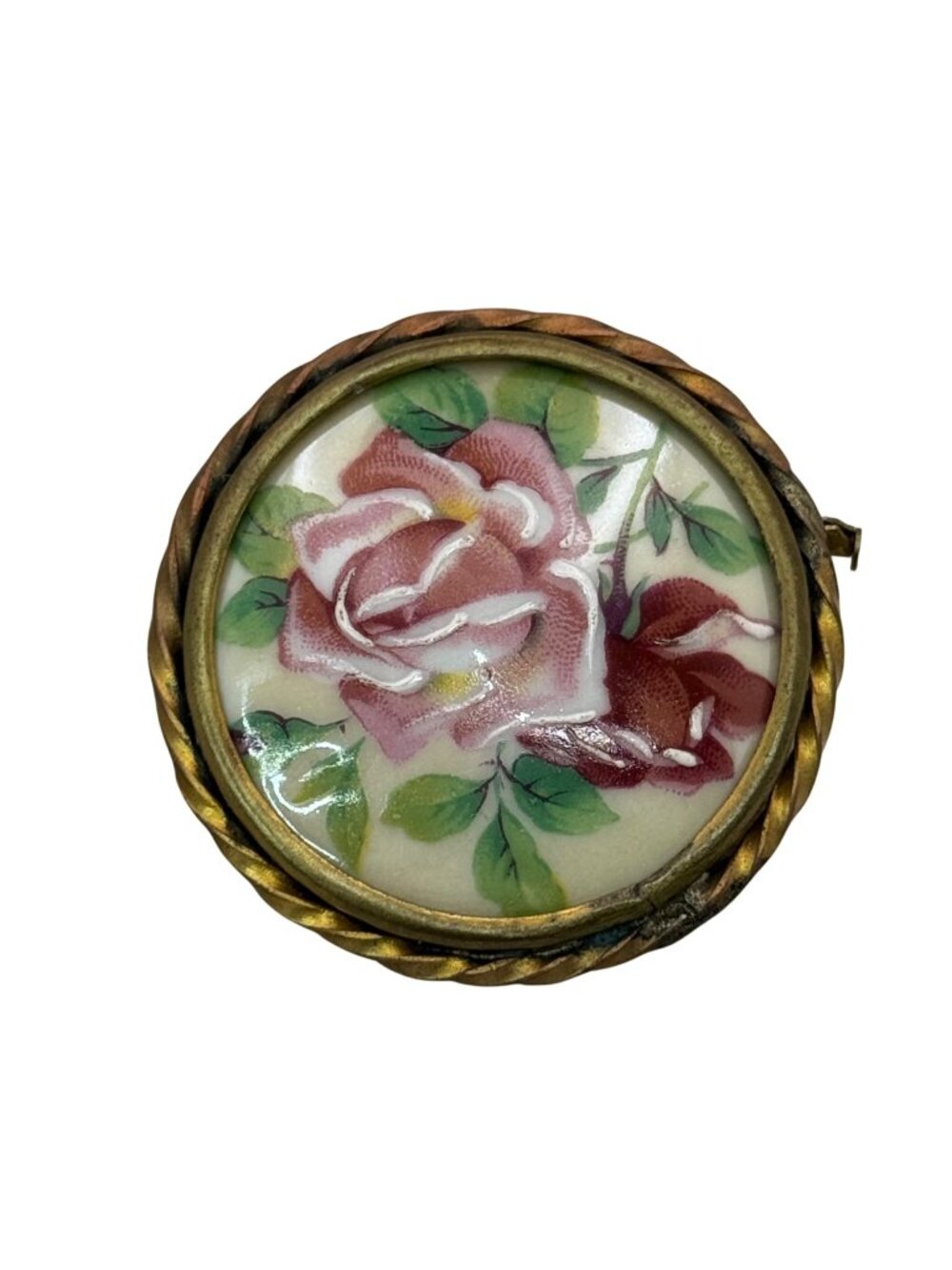 Limoges Porcelain Rose Brooch Vintage 40s France Hand Painted Floral Signed